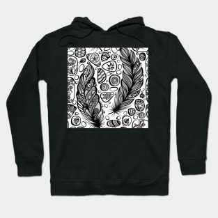 Monochrome Seamless Pattern with Sea Pebbles and Feathers Hoodie